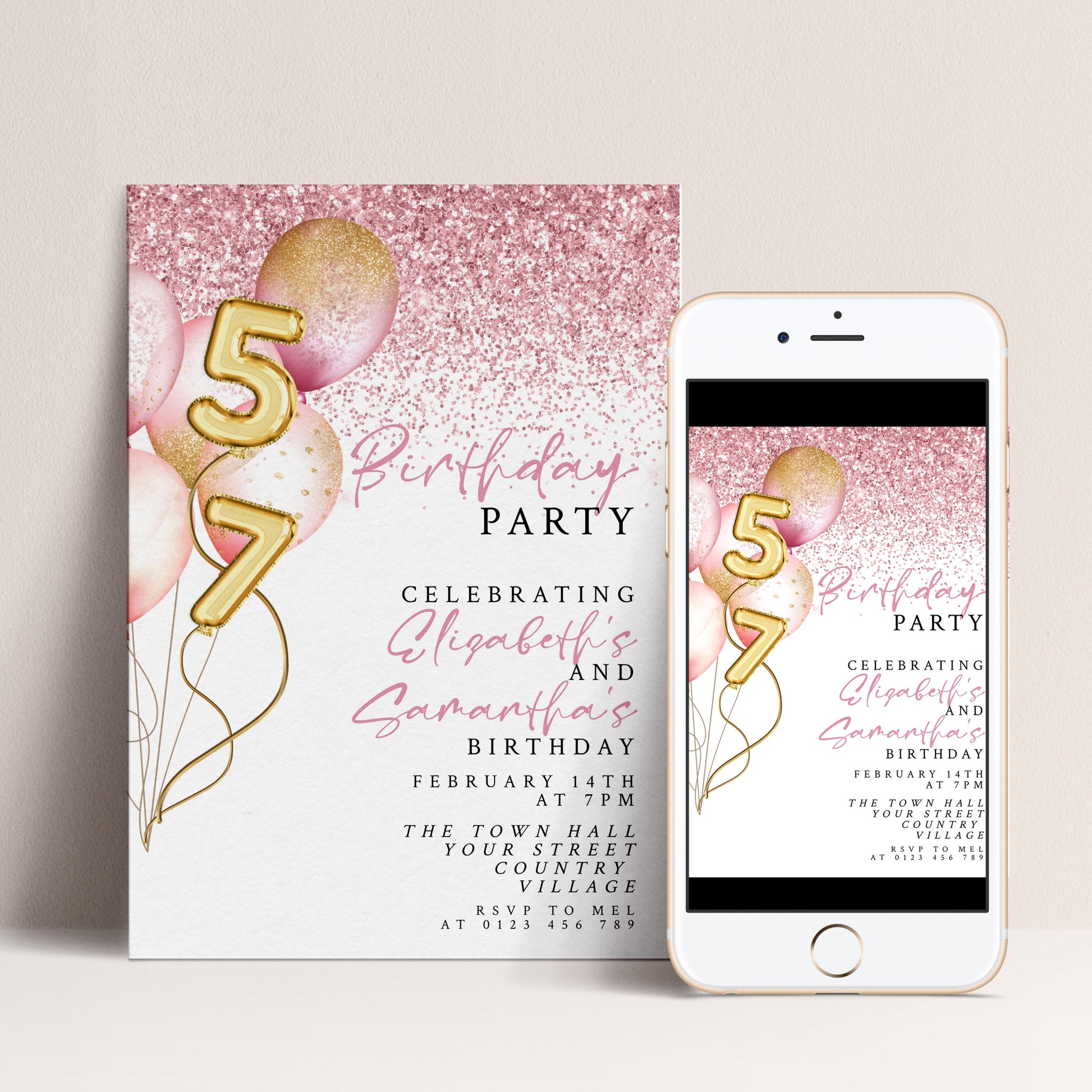 The image is a birthday party invitation featuring pink and gold balloons, with the number 57 prominently displayed.