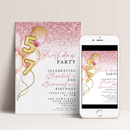 The image is a birthday party invitation featuring pink and gold balloons, with the number 57 prominently displayed.