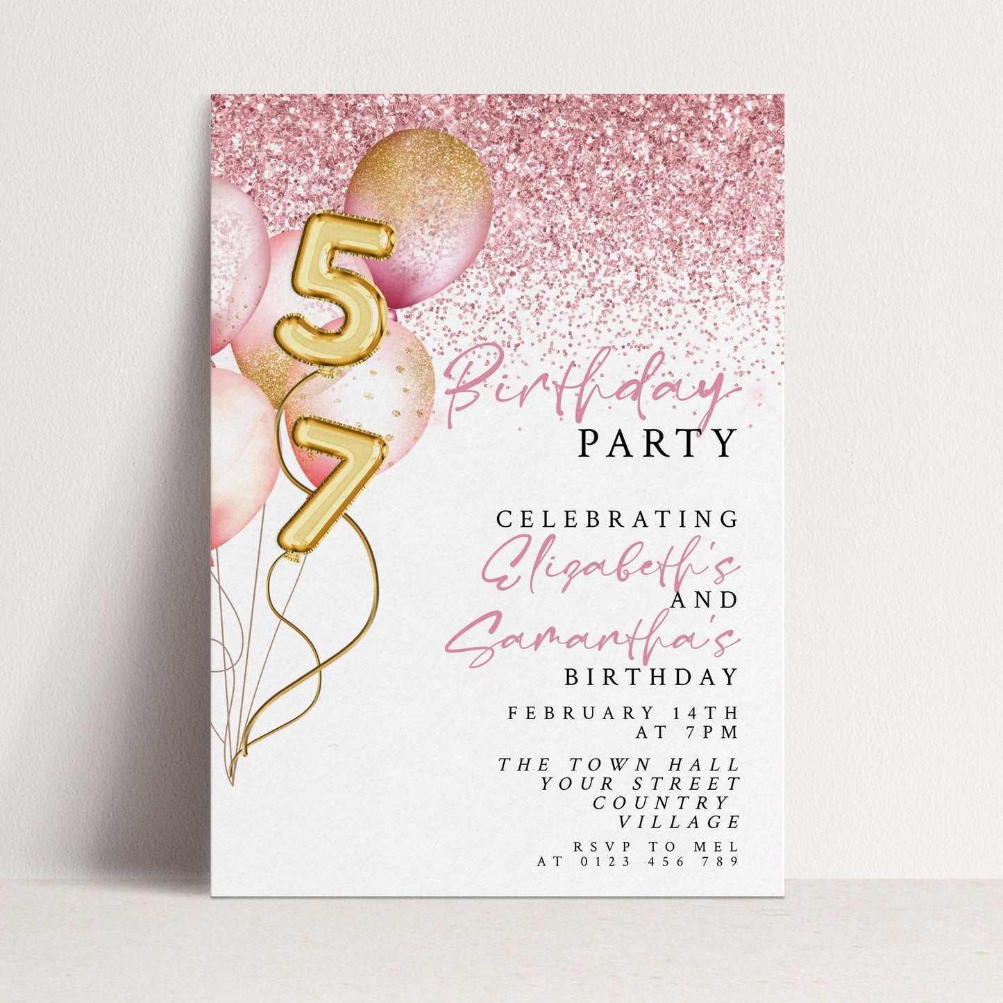The image is a birthday party invitation for Elizabeth and Samantha, celebrating their 5th birthdays.