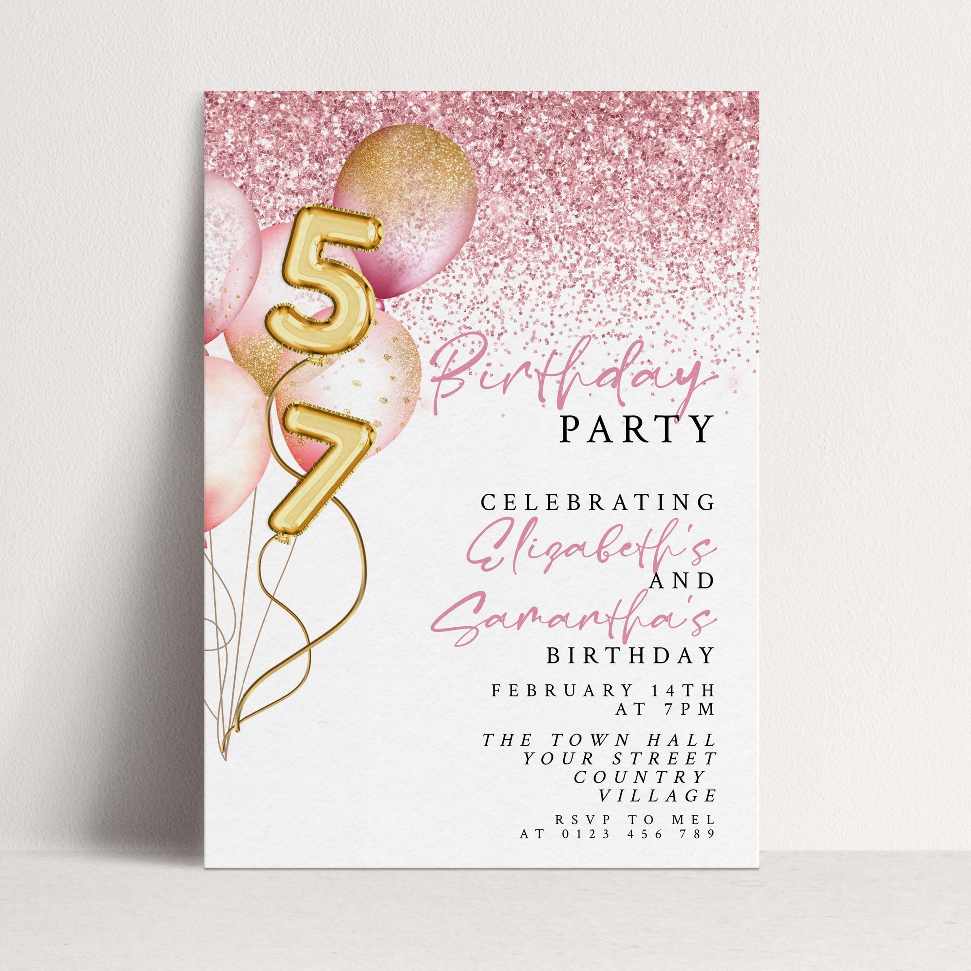 The image is a birthday party invitation for Elizabeth and Samantha, celebrating their 5th birthdays.