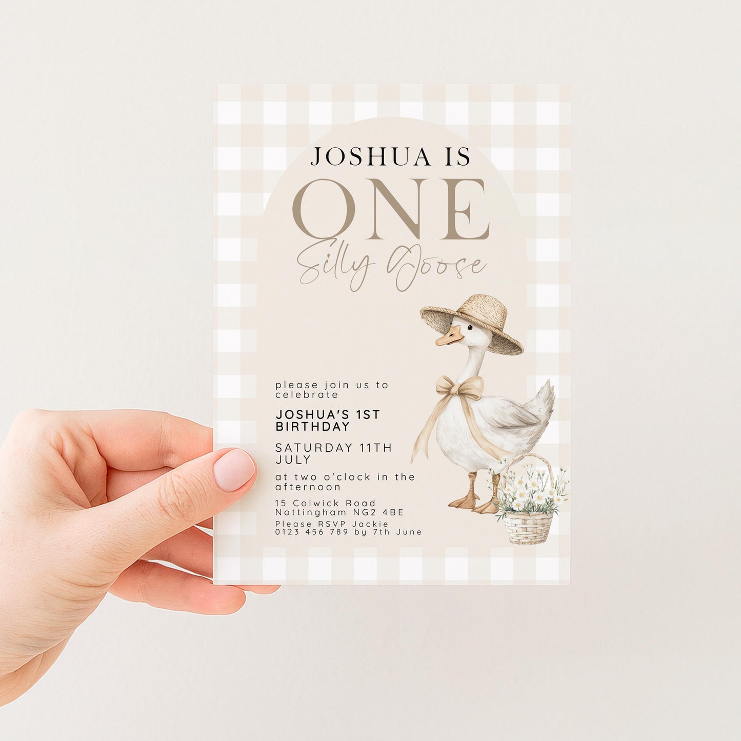 Silly Goose 1st Birthday Invitation Neutral Gingham, Editable Corjl Template, One Silly Goose Invite, Beige Farm Party Digital Download SG21