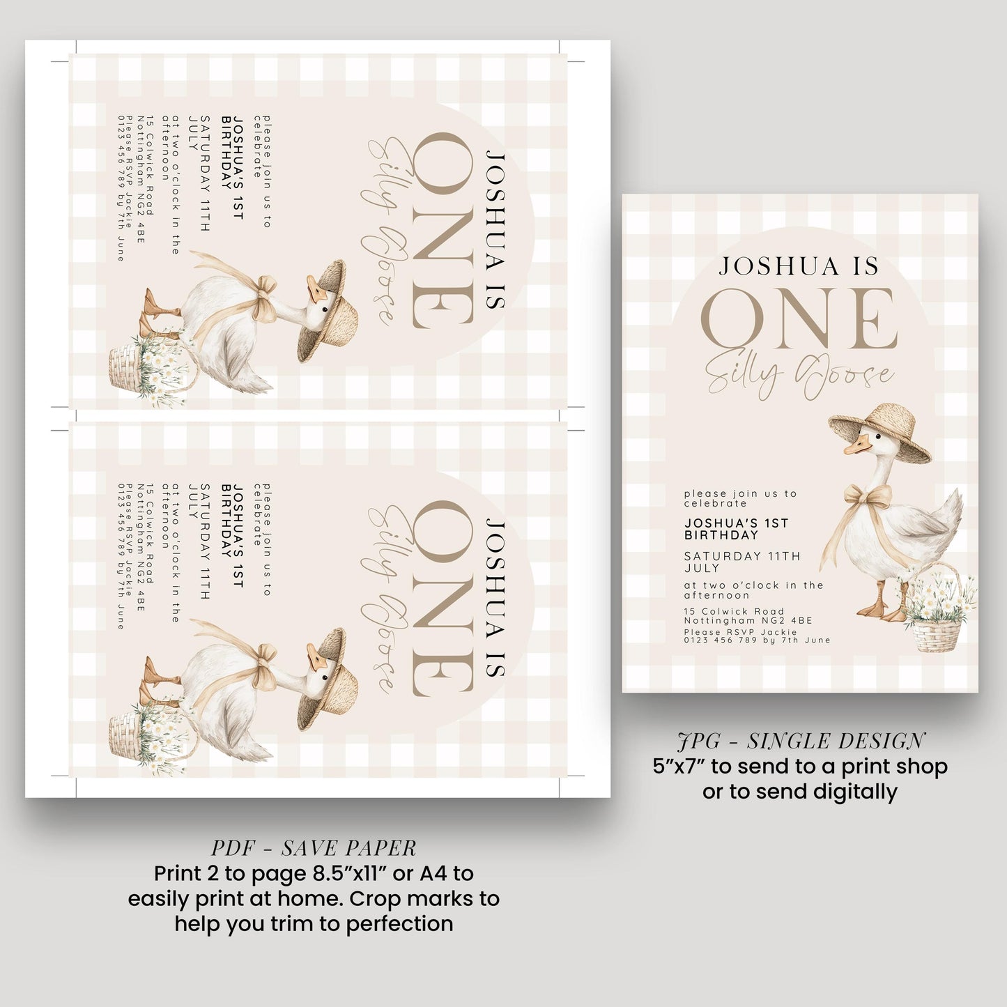 Silly Goose 1st Birthday Invitation Neutral Gingham, Editable Corjl Template, One Silly Goose Invite, Beige Farm Party Digital Download SG21