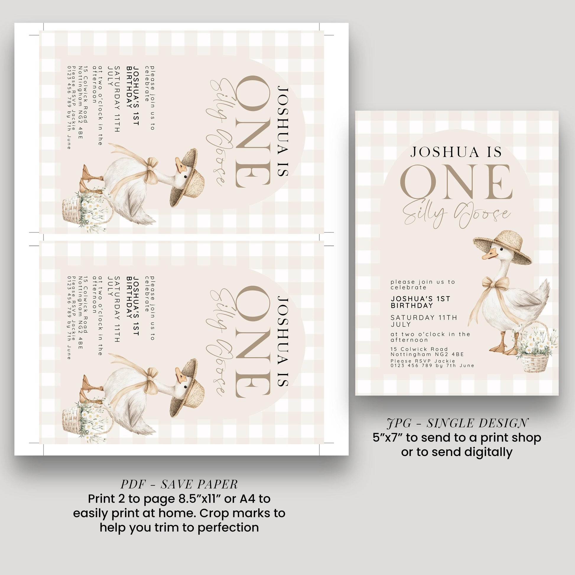 Silly Goose 1st Birthday Invitation Neutral Gingham, Editable Corjl Template, One Silly Goose Invite, Beige Farm Party Digital Download SG21