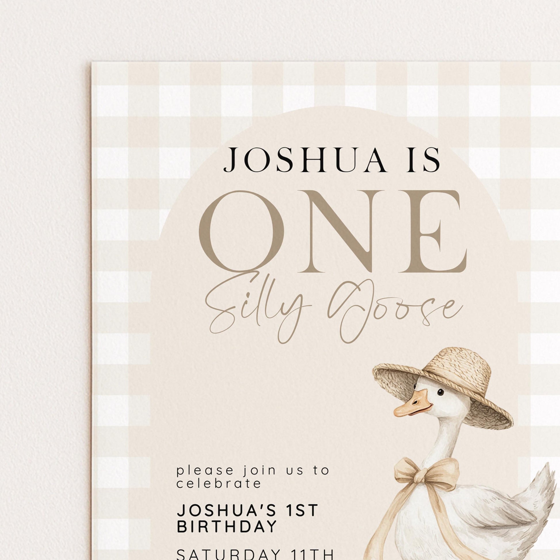 Silly Goose 1st Birthday Invitation Neutral Gingham, Editable Corjl Template, One Silly Goose Invite, Beige Farm Party Digital Download SG21