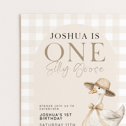 Silly Goose 1st Birthday Invitation Neutral Gingham, Editable Corjl Template, One Silly Goose Invite, Beige Farm Party Digital Download SG21