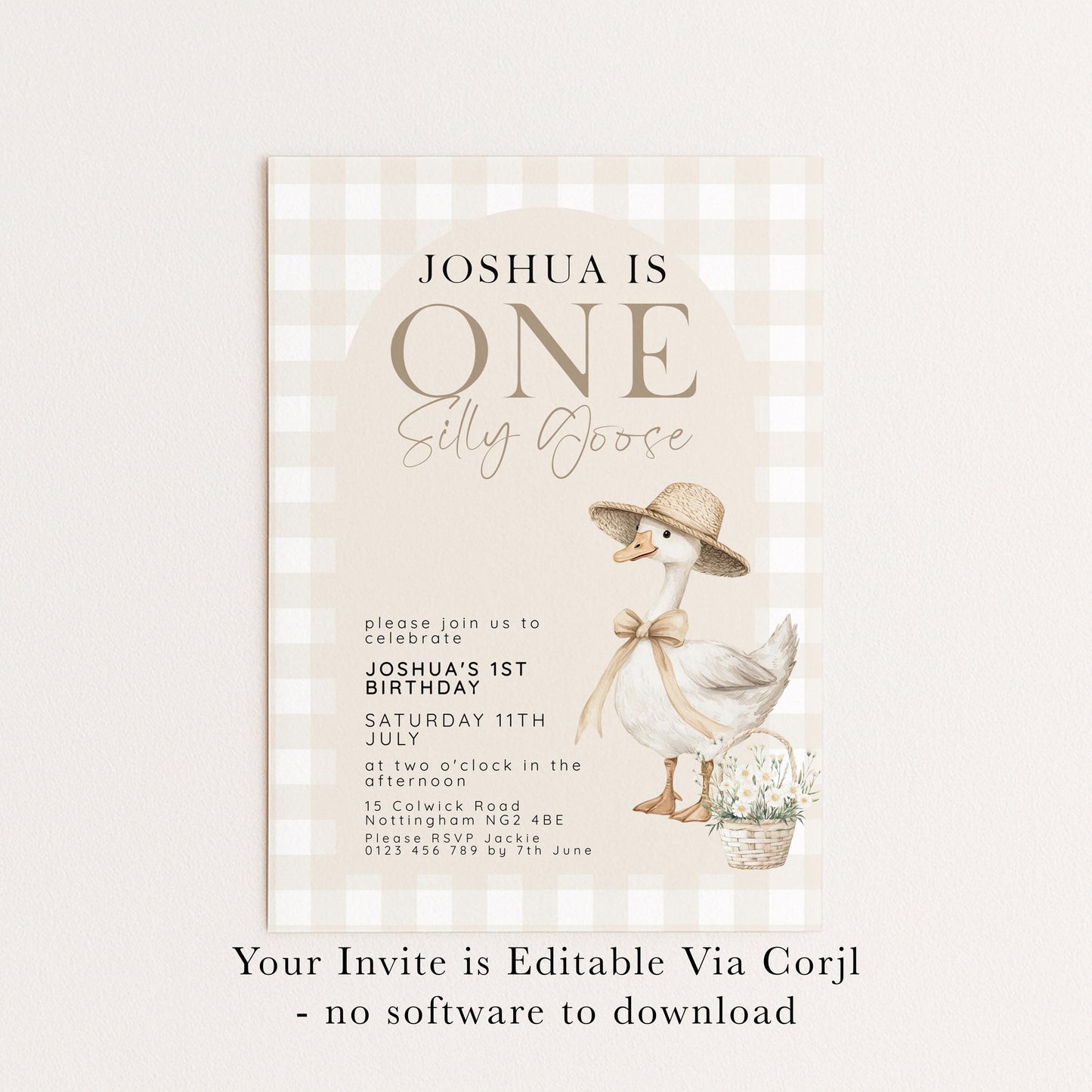 Silly Goose 1st Birthday Invitation Neutral Gingham, Editable Corjl Template, One Silly Goose Invite, Beige Farm Party Digital Download SG21