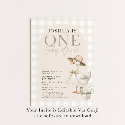 Silly Goose 1st Birthday Invitation Neutral Gingham, Editable Corjl Template, One Silly Goose Invite, Beige Farm Party Digital Download SG21