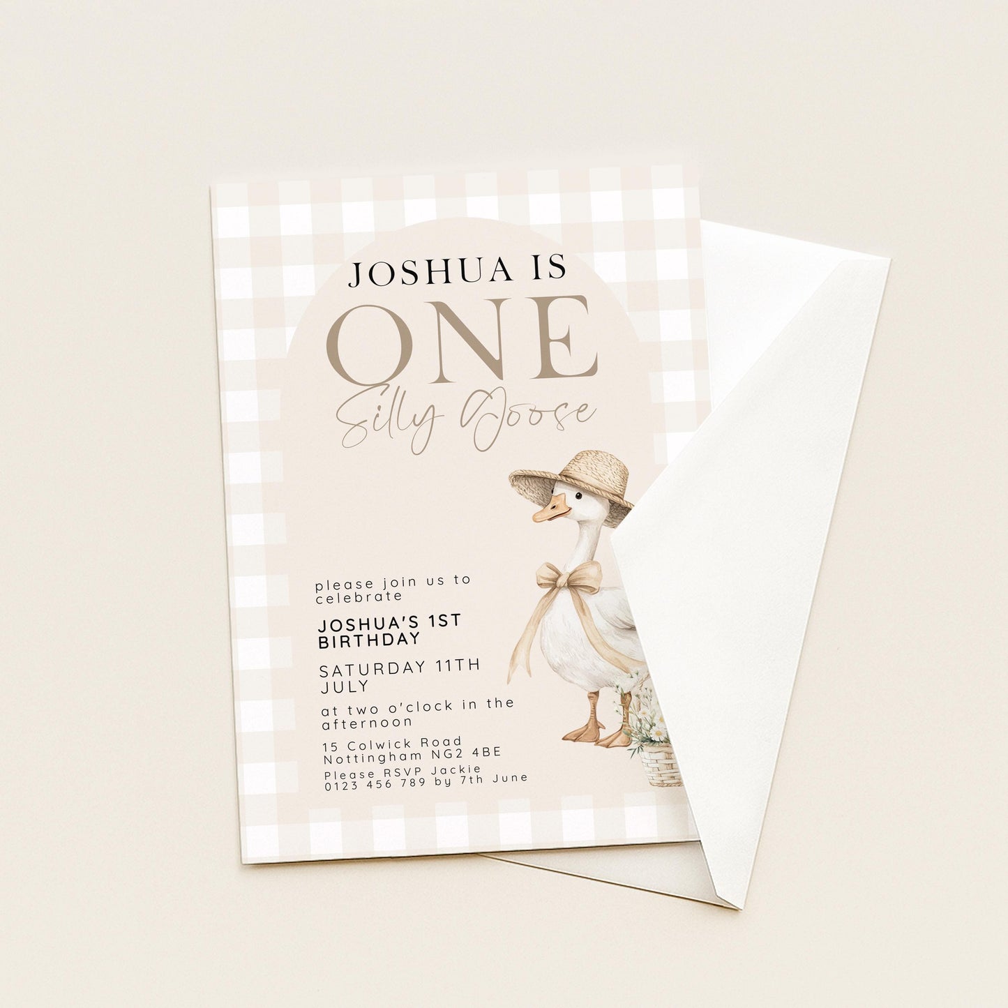 Silly Goose 1st Birthday Invitation Neutral Gingham, Editable Corjl Template, One Silly Goose Invite, Beige Farm Party Digital Download SG21