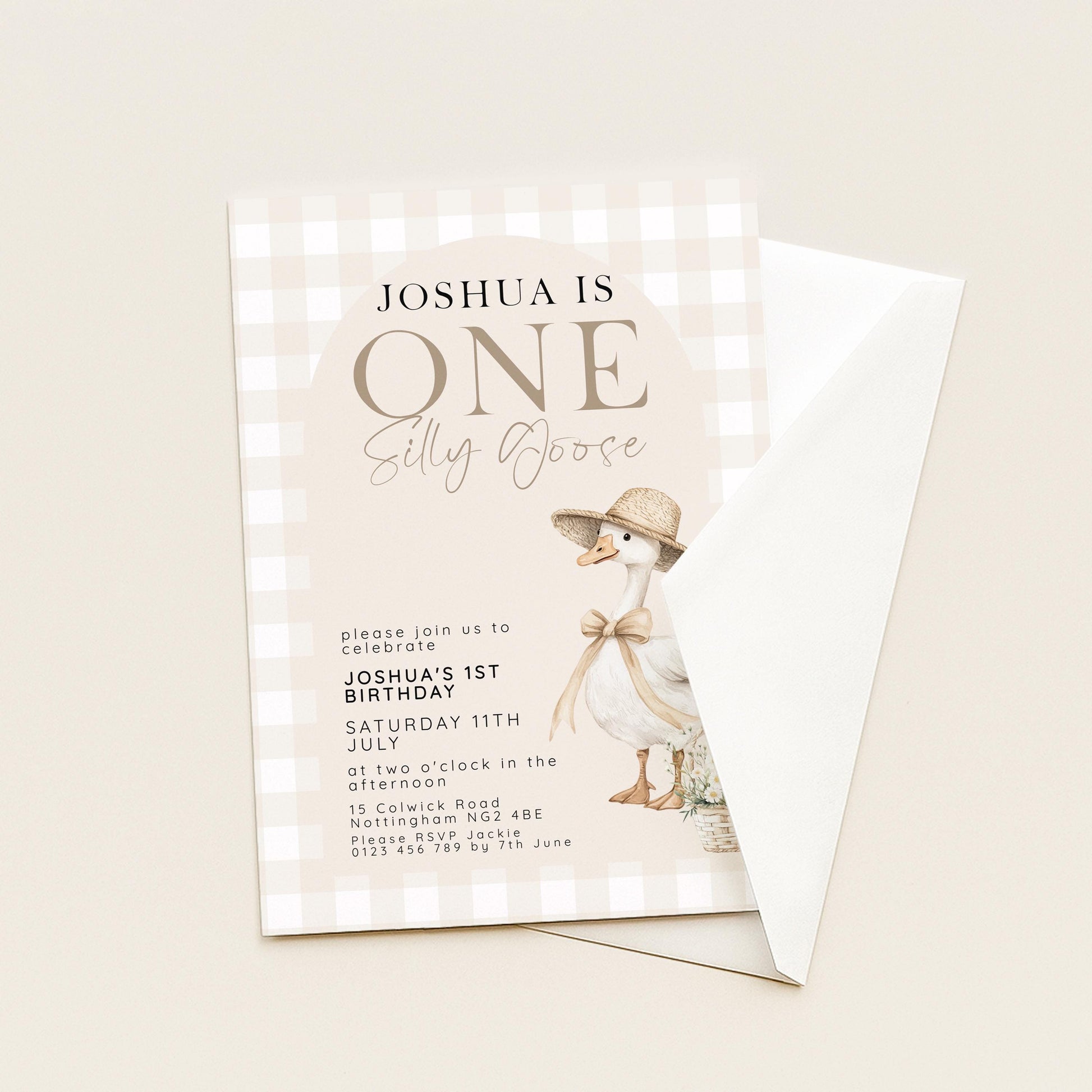 Silly Goose 1st Birthday Invitation Neutral Gingham, Editable Corjl Template, One Silly Goose Invite, Beige Farm Party Digital Download SG21