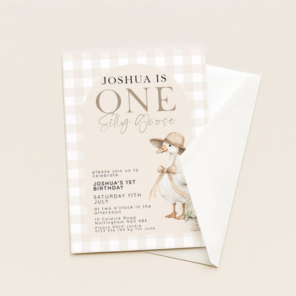 Silly Goose 1st Birthday Invitation Neutral Gingham, Editable Corjl Template, One Silly Goose Invite, Beige Farm Party Digital Download SG21