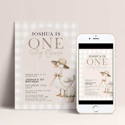 Silly Goose 1st Birthday Invitation Neutral Gingham, Editable Corjl Template, One Silly Goose Invite, Beige Farm Party Digital Download SG21