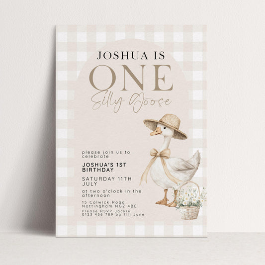 Silly Goose 1st Birthday Invitation Neutral Gingham, Editable Corjl Template, One Silly Goose Invite, Beige Farm Party Digital Download SG21