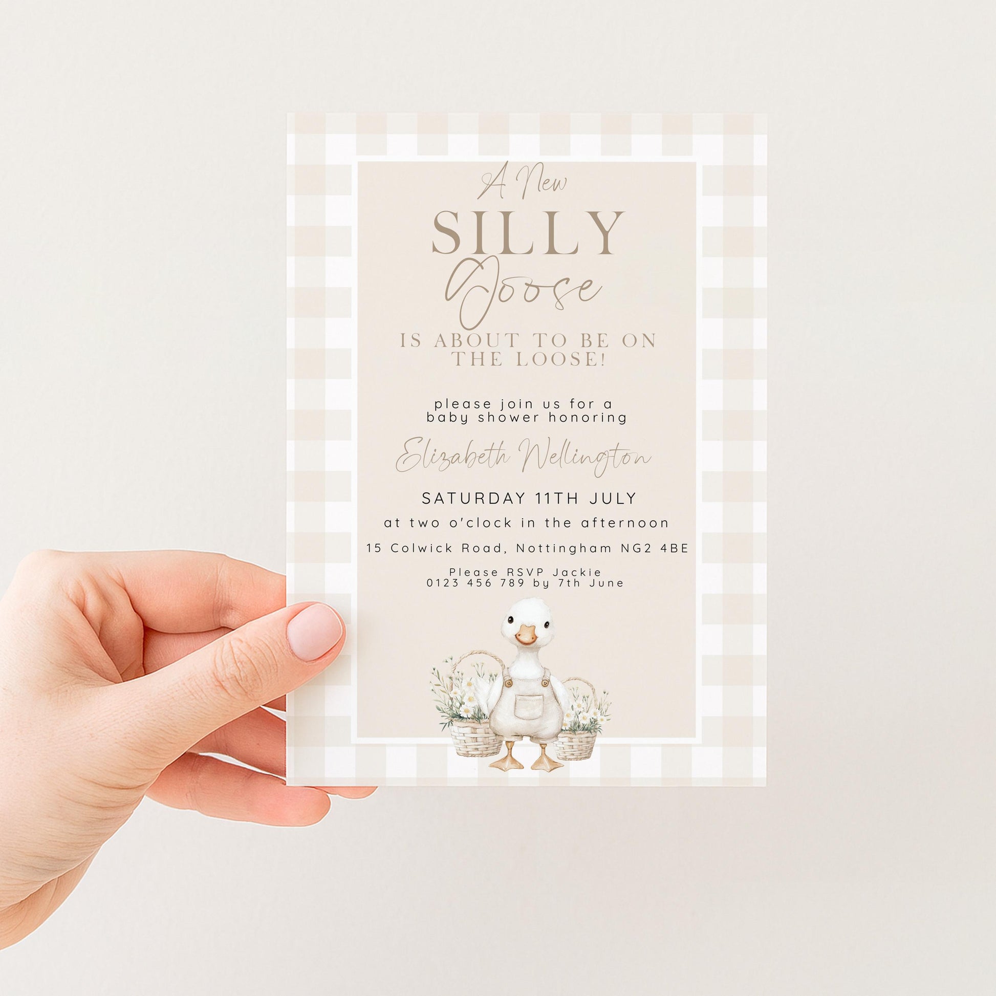 Silly Goose Baby Shower Invitation Gender Neutral, Editable Corjl Template, Beige Gingham Baby Invite, Printable Digital Download SG21