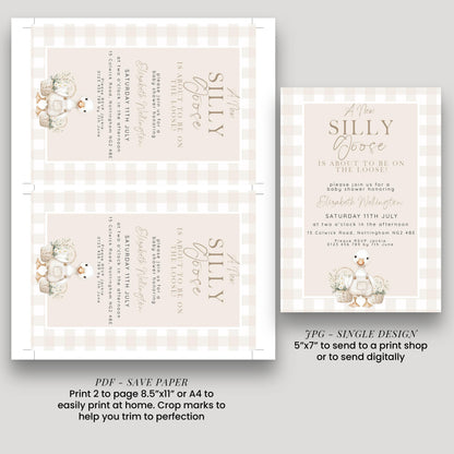 Silly Goose Baby Shower Invitation Gender Neutral, Editable Corjl Template, Beige Gingham Baby Invite, Printable Digital Download SG21