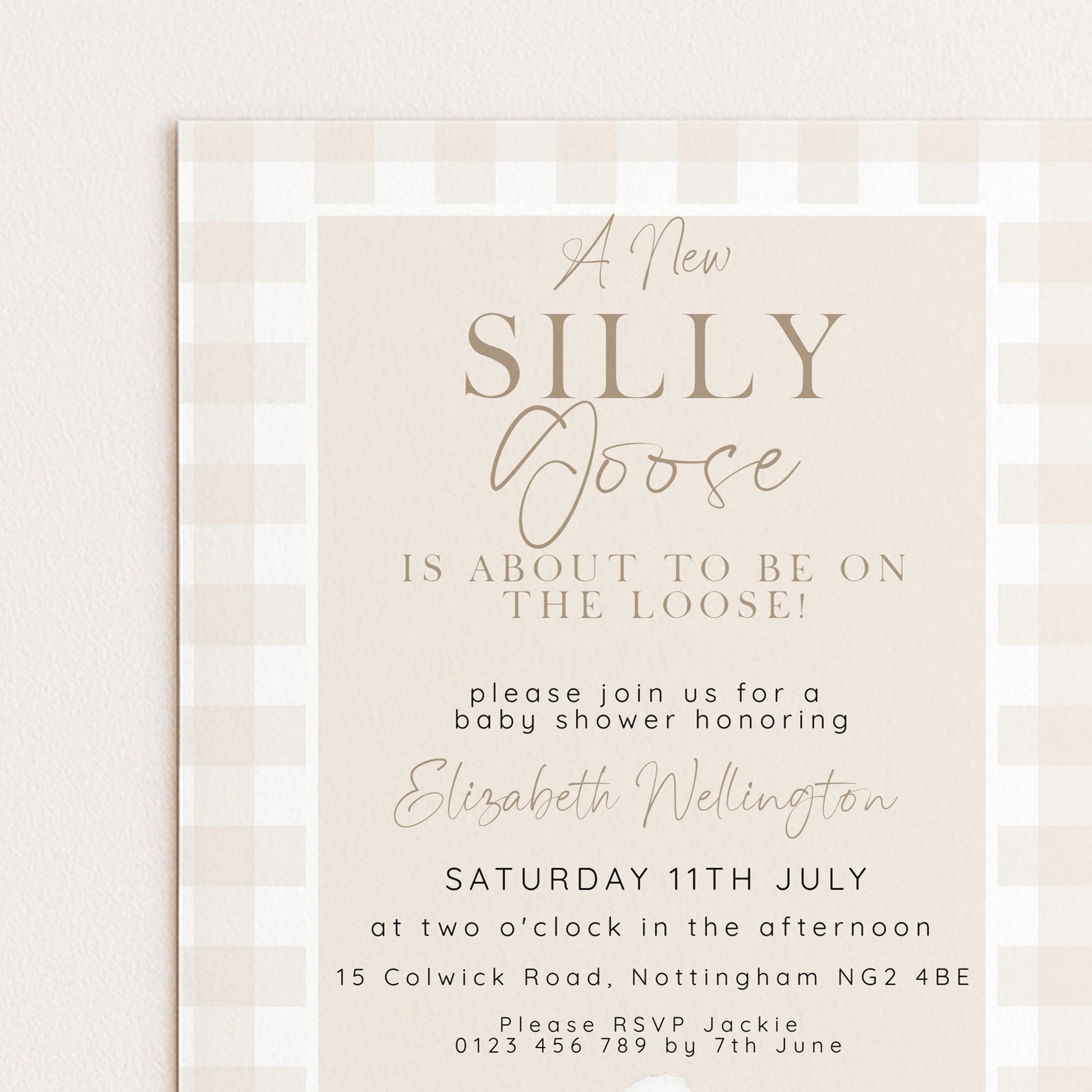 Silly Goose Baby Shower Invitation Gender Neutral, Editable Corjl Template, Beige Gingham Baby Invite, Printable Digital Download SG21
