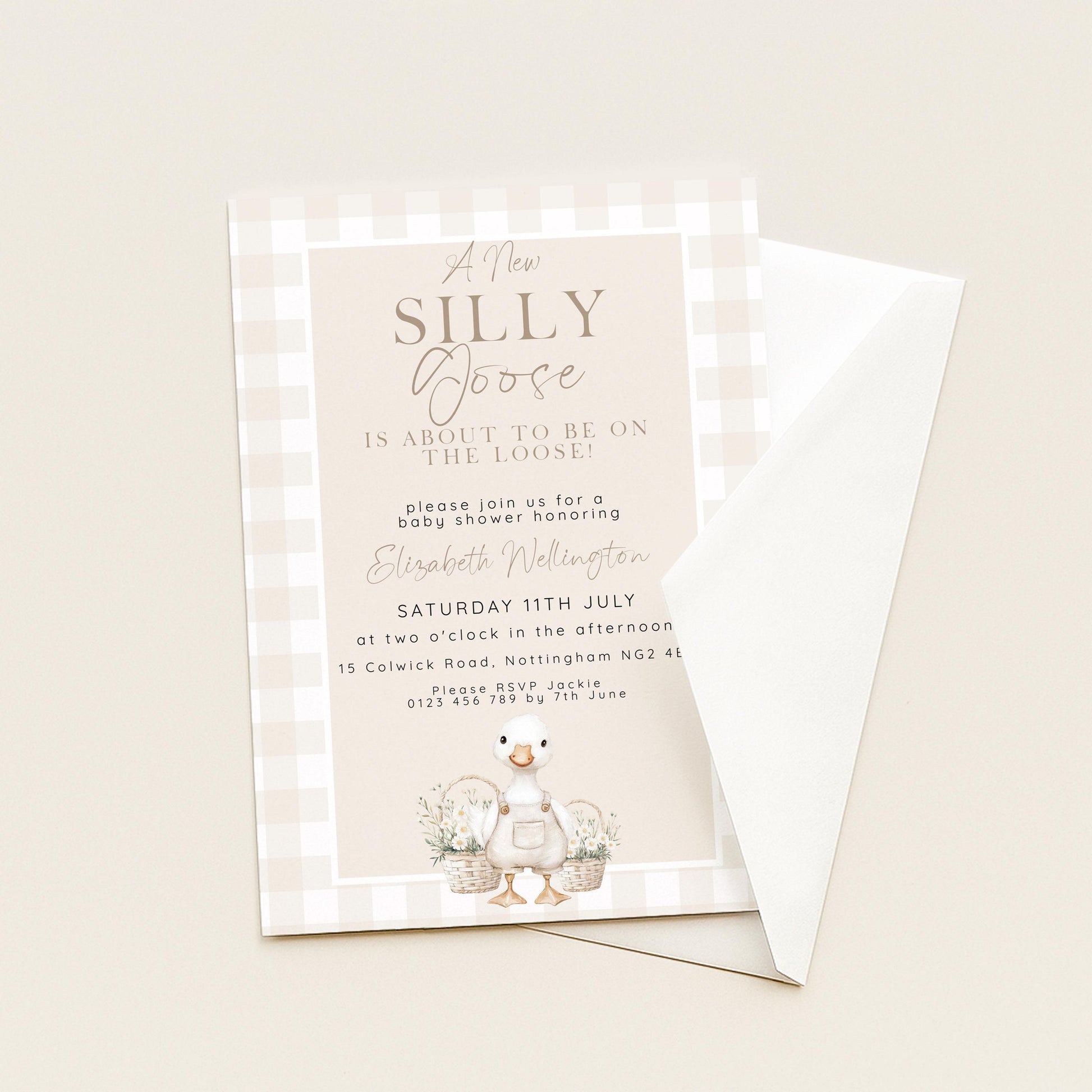 Silly Goose Baby Shower Invitation Gender Neutral, Editable Corjl Template, Beige Gingham Baby Invite, Printable Digital Download SG21