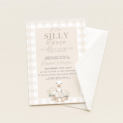 Silly Goose Baby Shower Invitation Gender Neutral, Editable Corjl Template, Beige Gingham Baby Invite, Printable Digital Download SG21