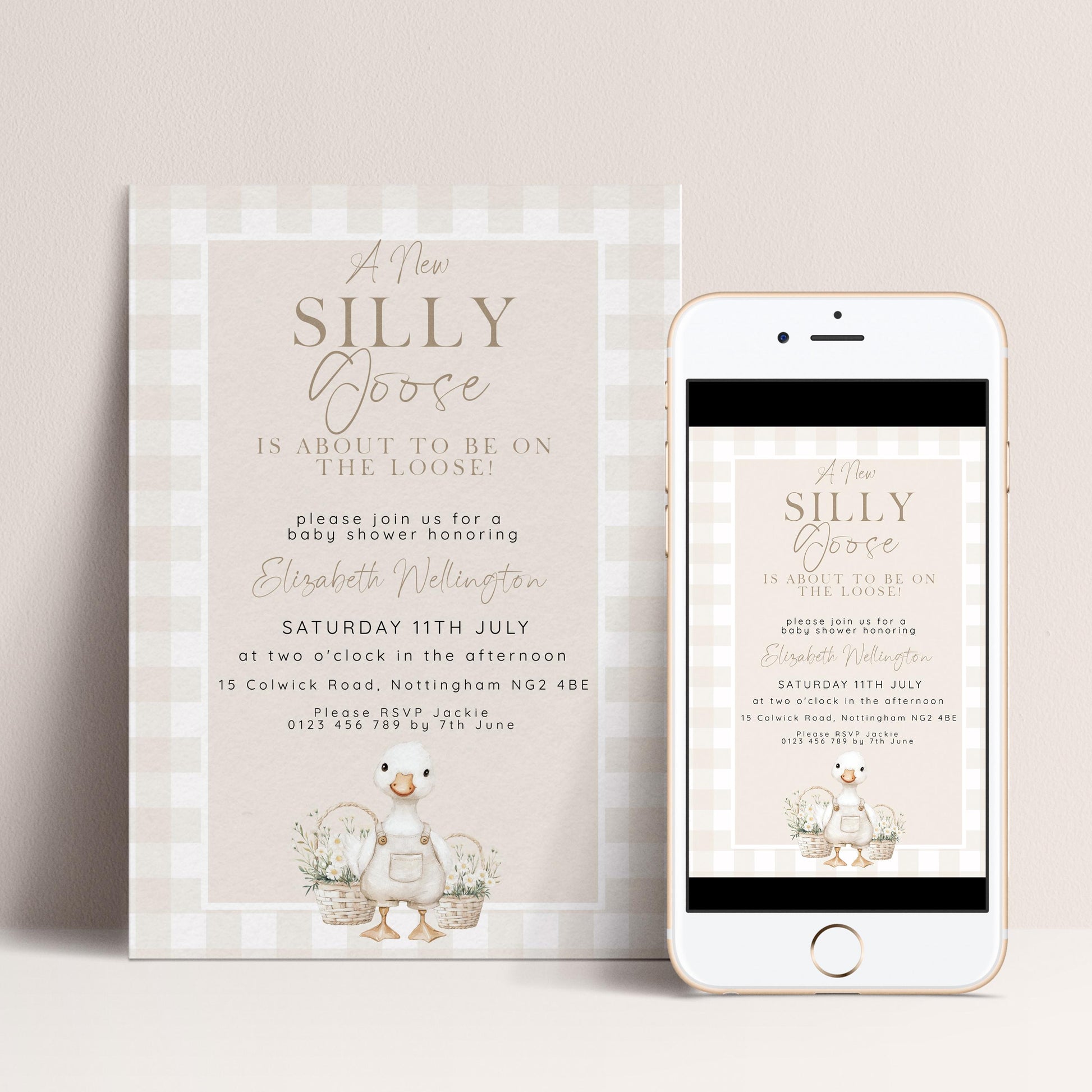 Silly Goose Baby Shower Invitation Gender Neutral, Editable Corjl Template, Beige Gingham Baby Invite, Printable Digital Download SG21