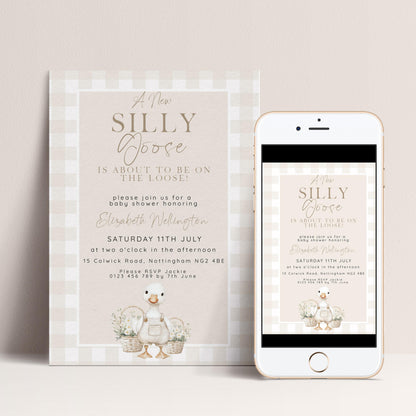 Silly Goose Baby Shower Invitation Gender Neutral, Editable Corjl Template, Beige Gingham Baby Invite, Printable Digital Download SG21