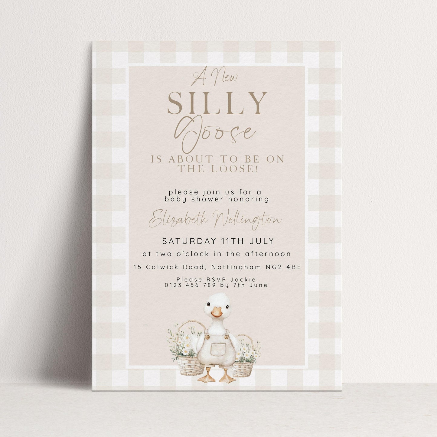 Silly Goose Baby Shower Invitation Gender Neutral, Editable Corjl Template, Beige Gingham Baby Invite, Printable Digital Download SG21