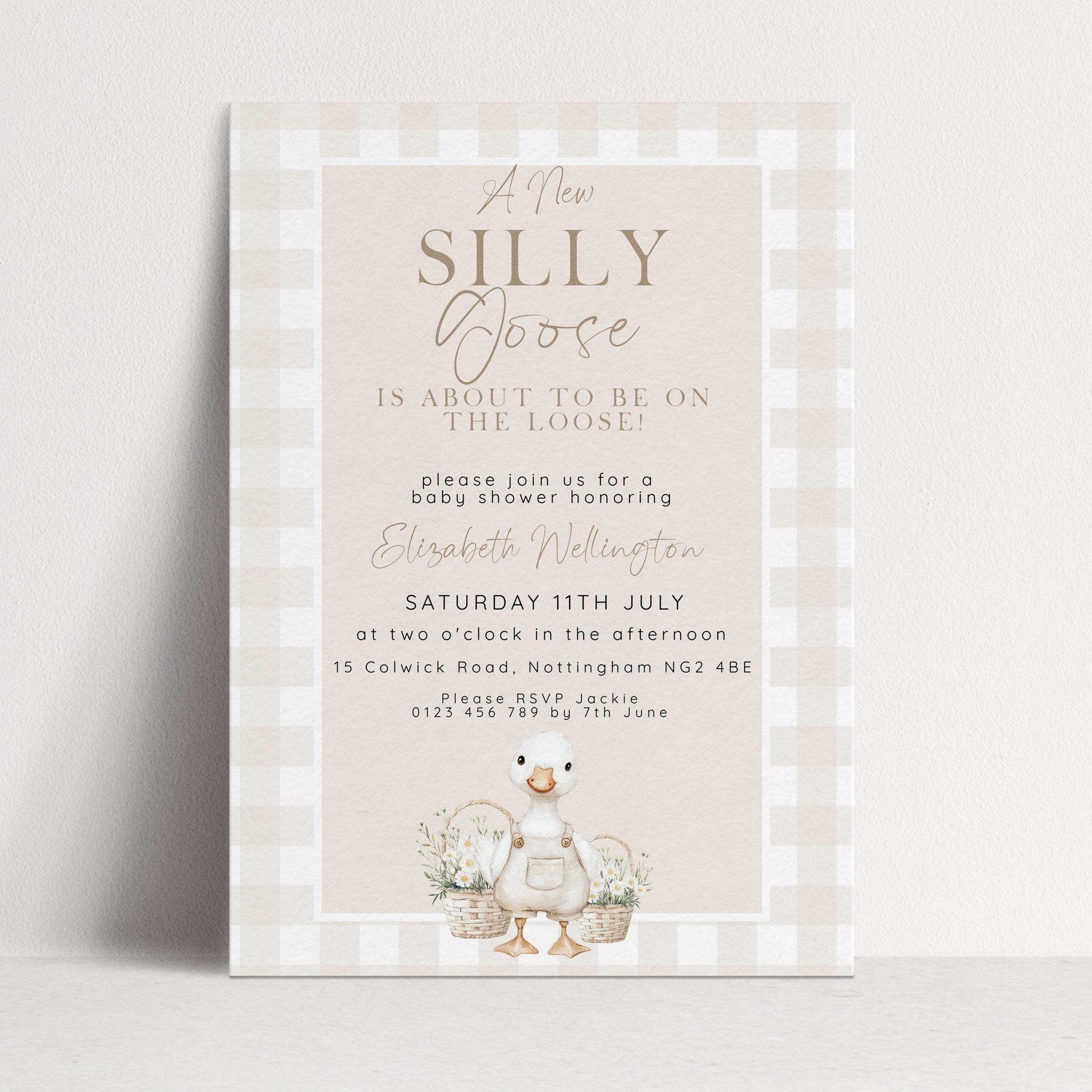 Silly Goose Baby Shower Invitation Gender Neutral, Editable Corjl Template, Beige Gingham Baby Invite, Printable Digital Download SG21