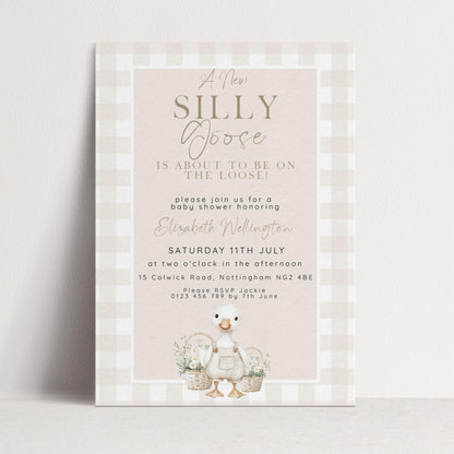 Silly Goose Baby Shower Invitation Gender Neutral, Editable Corjl Template, Beige Gingham Baby Invite, Printable Digital Download SG21