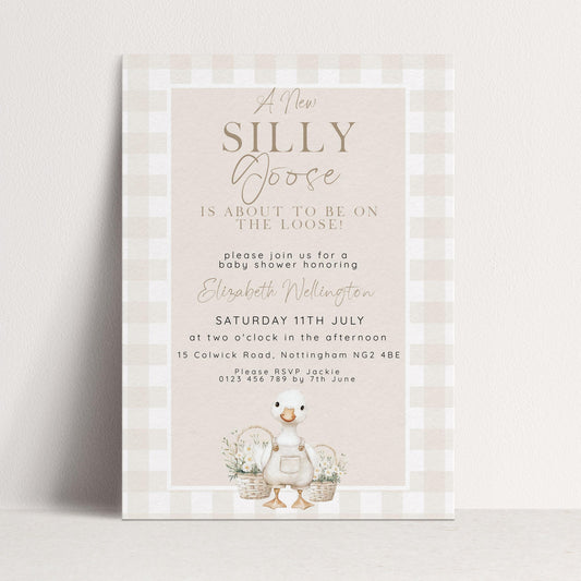 Silly Goose Baby Shower Invitation Gender Neutral, Editable Corjl Template, Beige Gingham Baby Invite, Printable Digital Download SG21