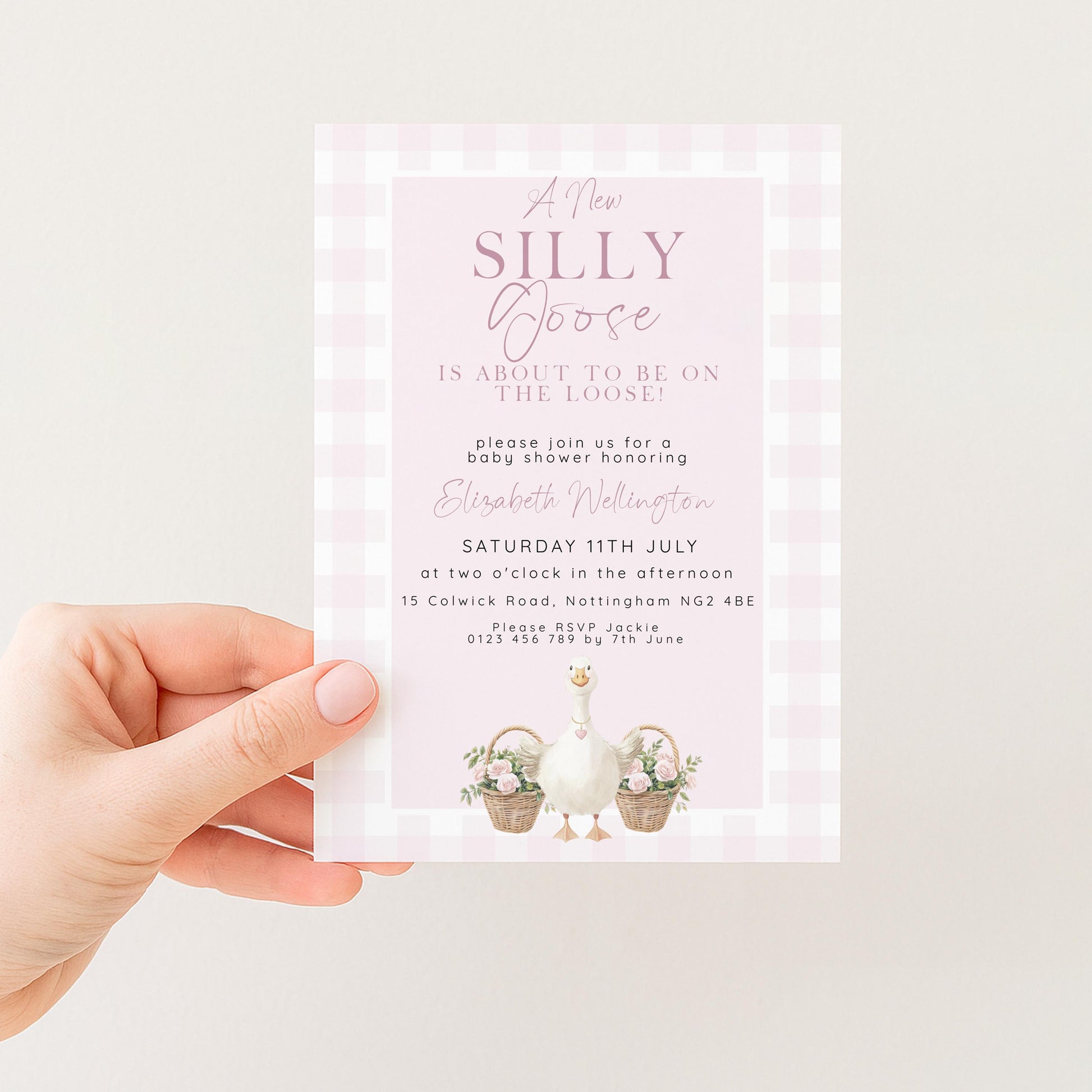 Silly Goose Baby Shower Invitations Girl, Editable Corjl Template, Pink Gingham Baby Sprinkle Invite, Printable Digital Download SG21