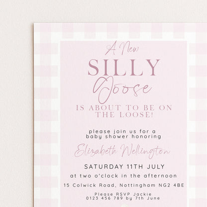 Silly Goose Baby Shower Invitations Girl, Editable Corjl Template, Pink Gingham Baby Sprinkle Invite, Printable Digital Download SG21