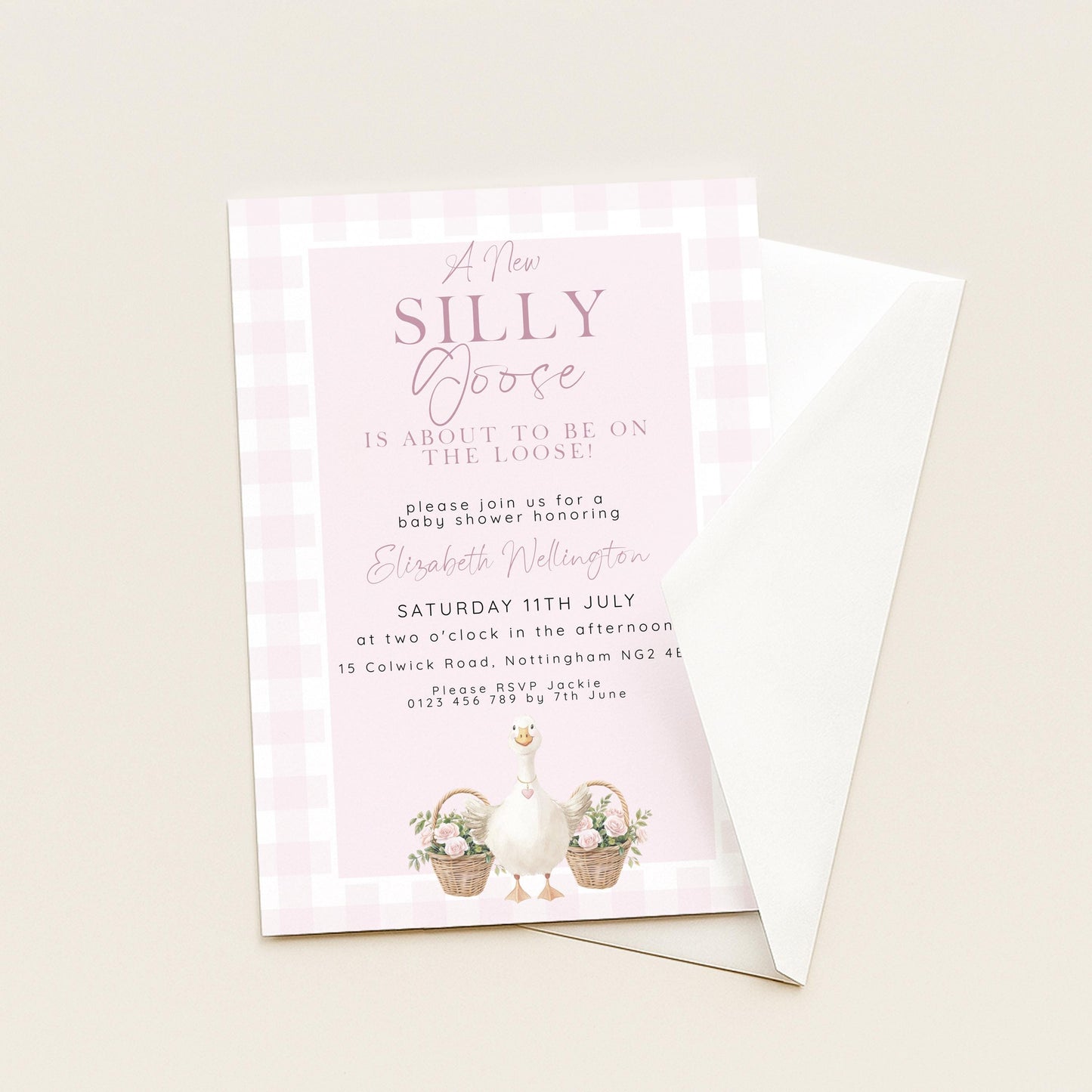 Silly Goose Baby Shower Invitations Girl, Editable Corjl Template, Pink Gingham Baby Sprinkle Invite, Printable Digital Download SG21