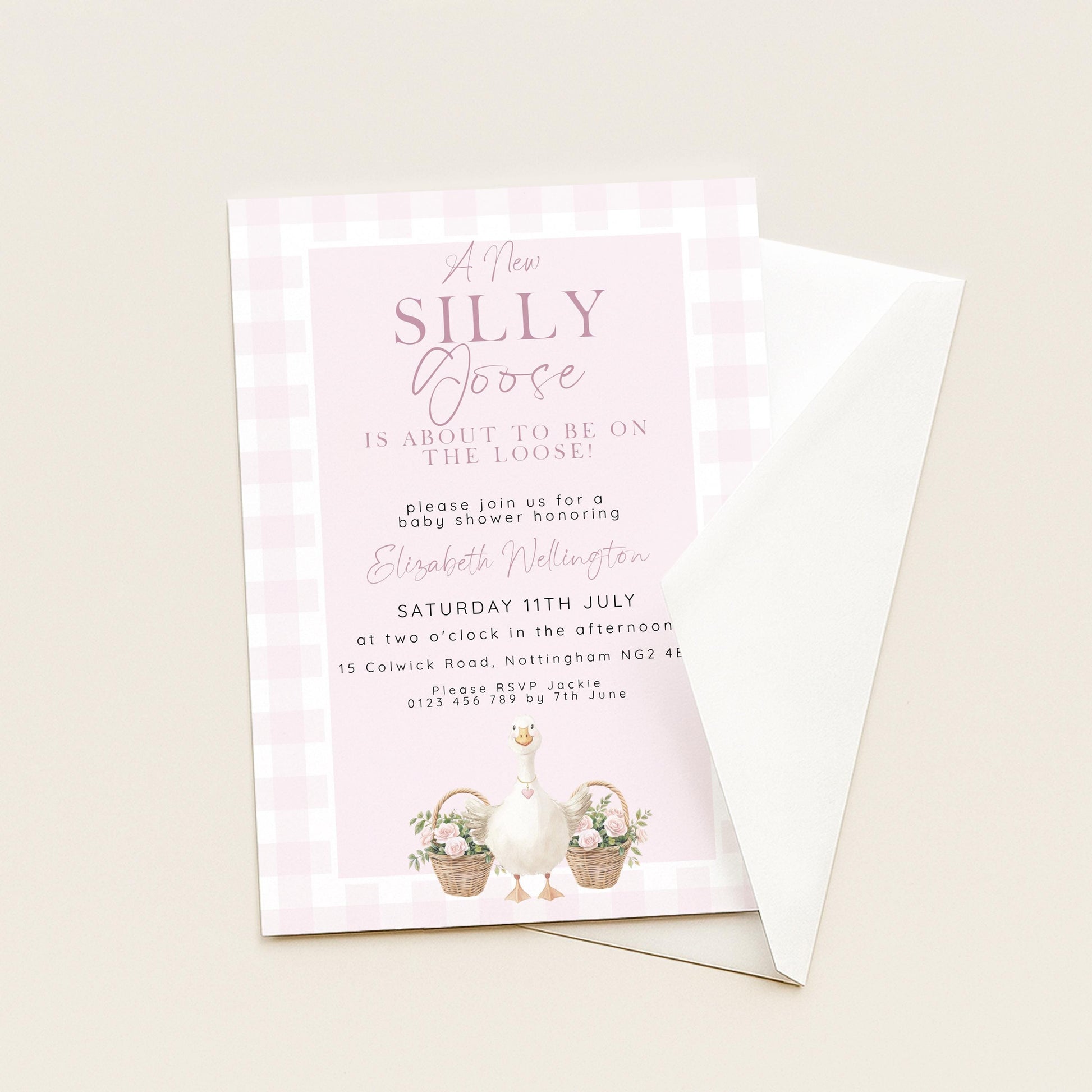 Silly Goose Baby Shower Invitations Girl, Editable Corjl Template, Pink Gingham Baby Sprinkle Invite, Printable Digital Download SG21