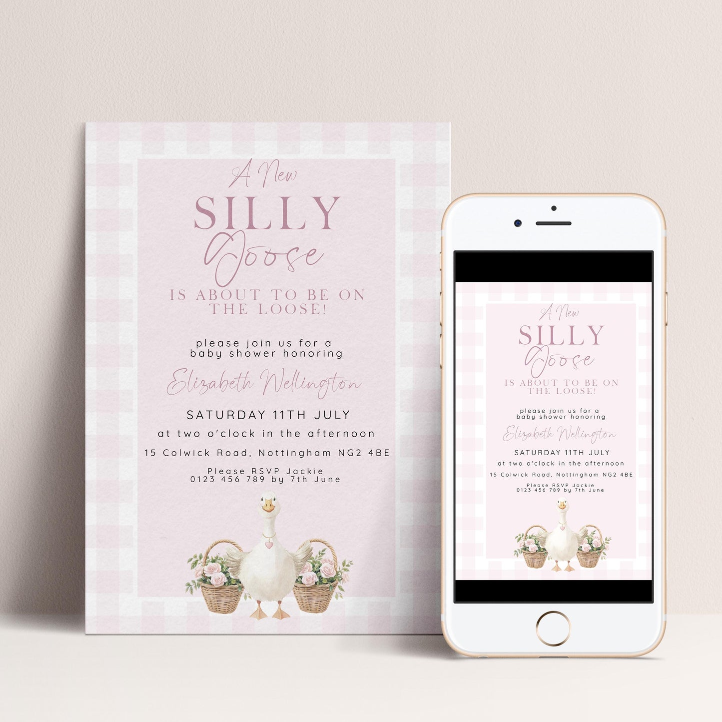 Silly Goose Baby Shower Invitations Girl, Editable Corjl Template, Pink Gingham Baby Sprinkle Invite, Printable Digital Download SG21