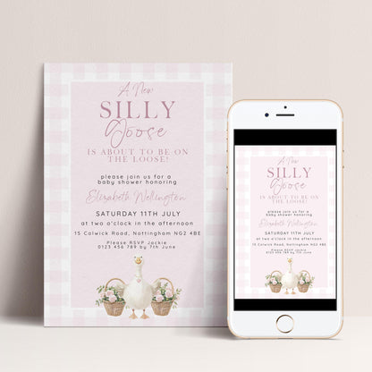 Silly Goose Baby Shower Invitations Girl, Editable Corjl Template, Pink Gingham Baby Sprinkle Invite, Printable Digital Download SG21