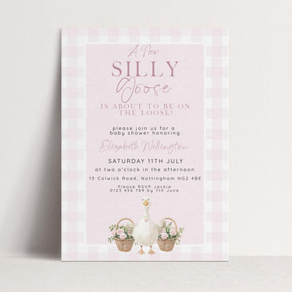 Silly Goose Baby Shower Invitations Girl, Editable Corjl Template, Pink Gingham Baby Sprinkle Invite, Printable Digital Download SG21