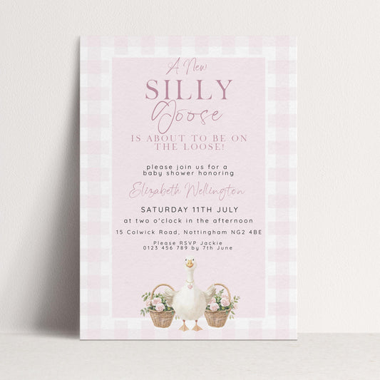 Silly Goose Baby Shower Invitations Girl, Editable Corjl Template, Pink Gingham Baby Sprinkle Invite, Printable Digital Download SG21