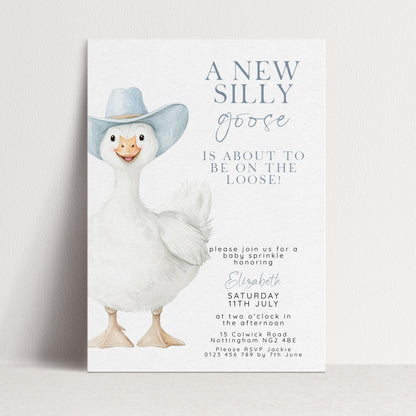 Silly Goose Baby Sprinkle Invitation Boy, Editable Corjl Template, Blue Gingham Baby Party Invite, Printable Digital Download SG21