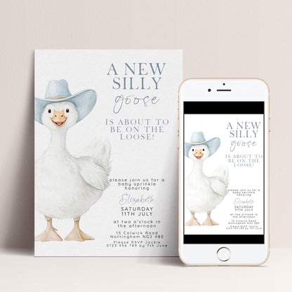 Silly Goose Baby Sprinkle Invitation Boy, Editable Corjl Template, Blue Gingham Baby Party Invite, Printable Digital Download SG21