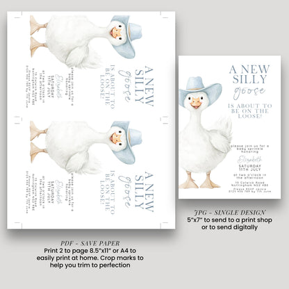 Silly Goose Baby Sprinkle Invitation Boy, Editable Corjl Template, Blue Gingham Baby Party Invite, Printable Digital Download SG21