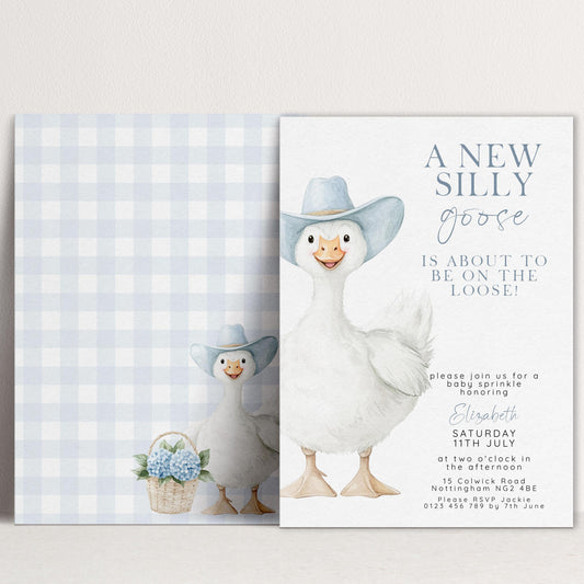Silly Goose Baby Sprinkle Invitation Boy, Editable Corjl Template, Blue Gingham Baby Party Invite, Printable Digital Download SG21