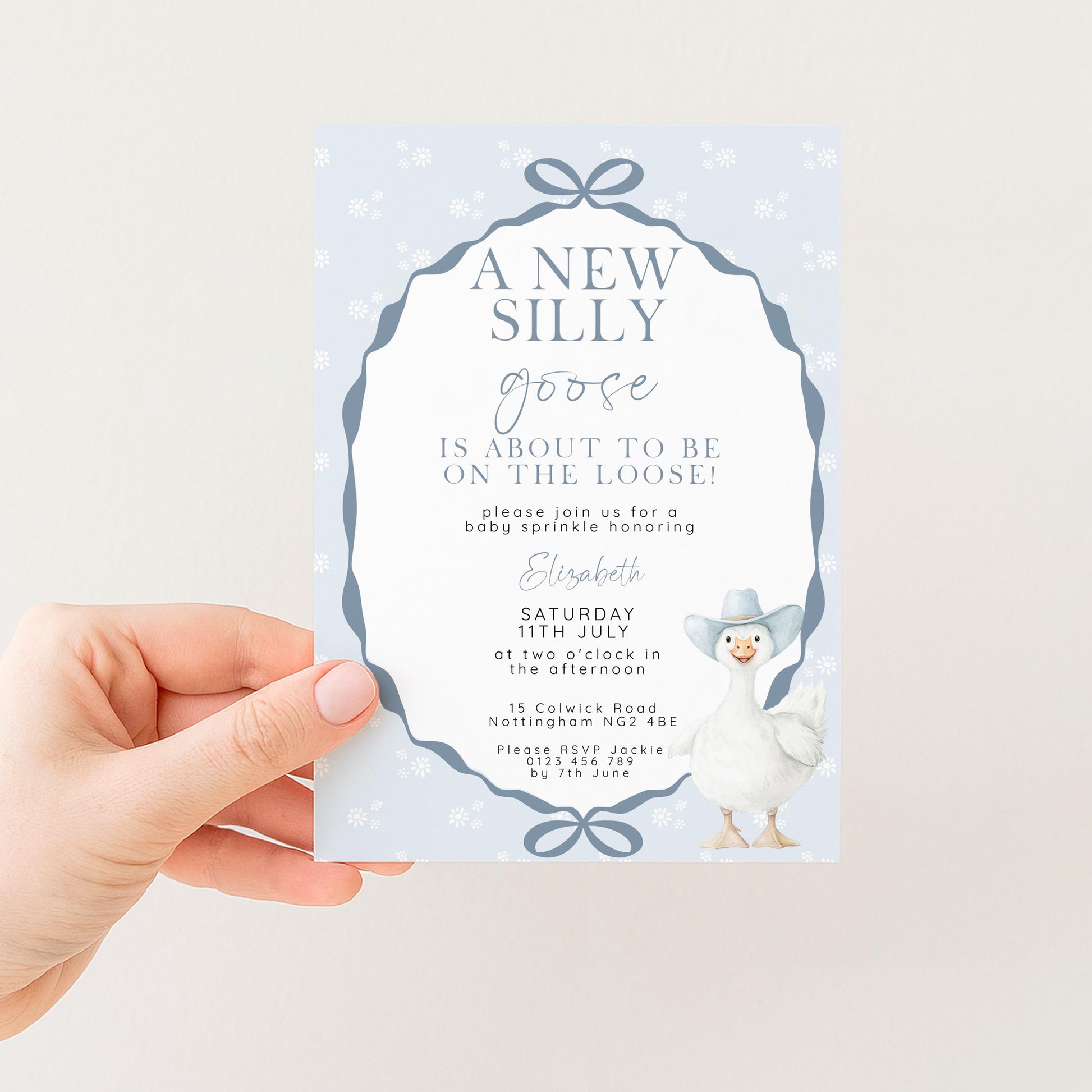 Silly Goose Baby Sprinkle Invitation Editable Template Blue for a Boy Baby Shower Corjl Download SG21
