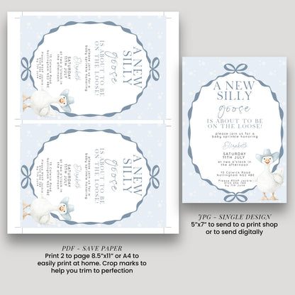 Silly Goose Baby Sprinkle Invitation Editable Template Blue for a Boy Baby Shower Corjl Download SG21