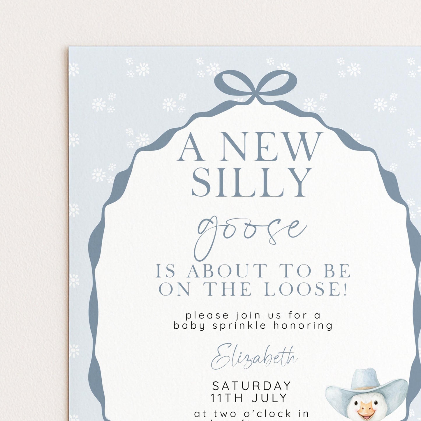 Silly Goose Baby Sprinkle Invitation Editable Template Blue for a Boy Baby Shower Corjl Download SG21