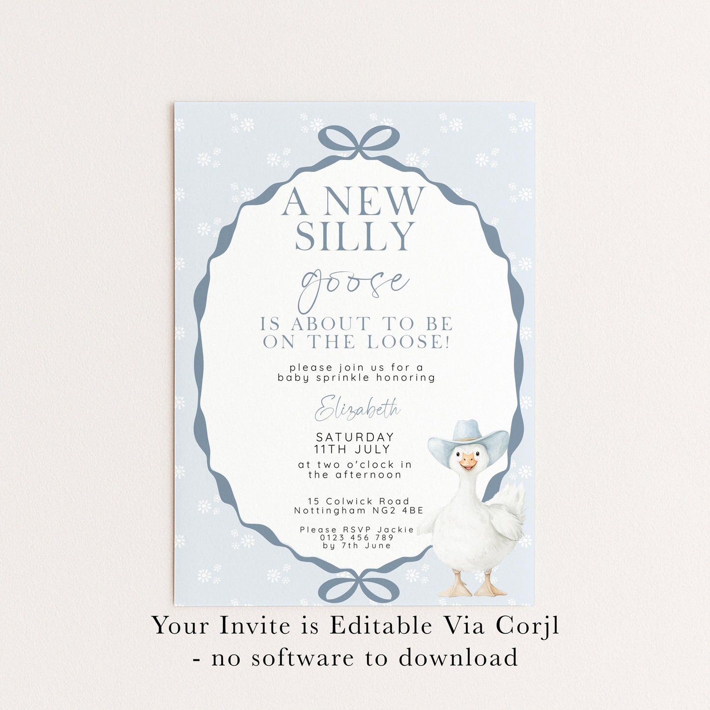 Silly Goose Baby Sprinkle Invitation Editable Template Blue for a Boy Baby Shower Corjl Download SG21