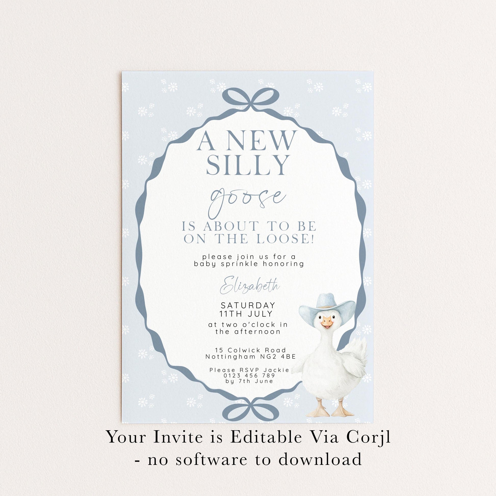 Silly Goose Baby Sprinkle Invitation Editable Template Blue for a Boy Baby Shower Corjl Download SG21