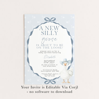 Silly Goose Baby Sprinkle Invitation Editable Template Blue for a Boy Baby Shower Corjl Download SG21