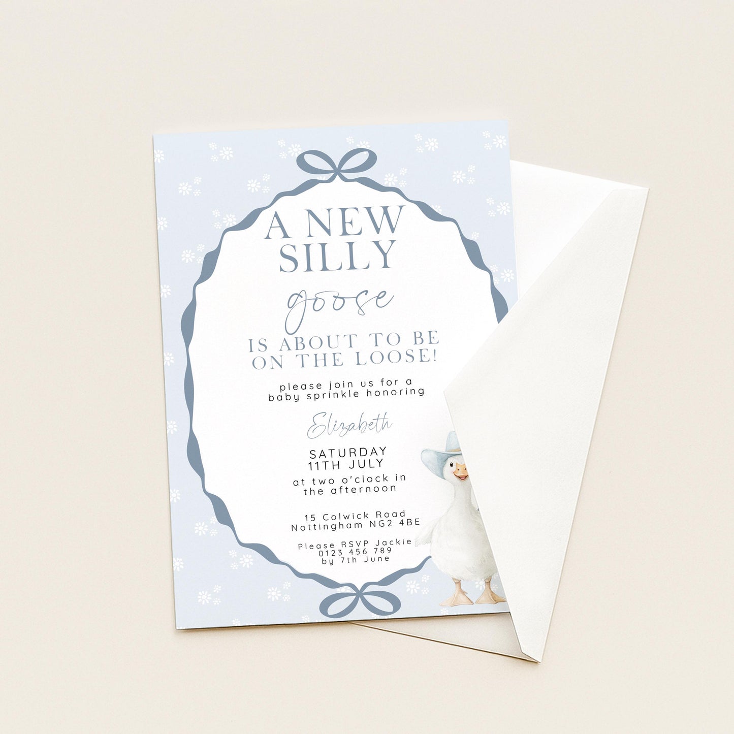 Silly Goose Baby Sprinkle Invitation Editable Template Blue for a Boy Baby Shower Corjl Download SG21