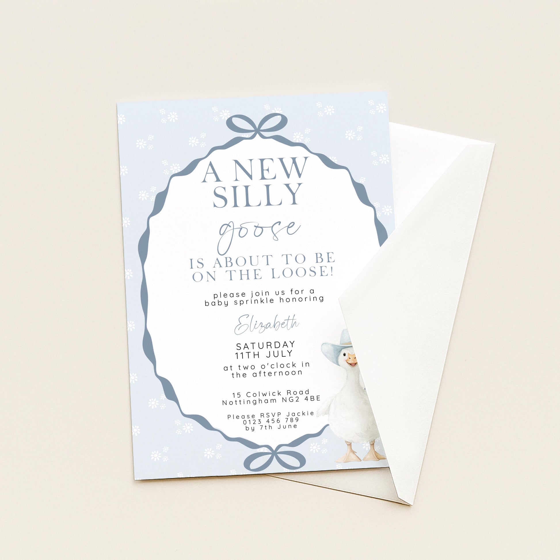Silly Goose Baby Sprinkle Invitation Editable Template Blue for a Boy Baby Shower Corjl Download SG21