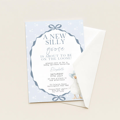 Silly Goose Baby Sprinkle Invitation Editable Template Blue for a Boy Baby Shower Corjl Download SG21