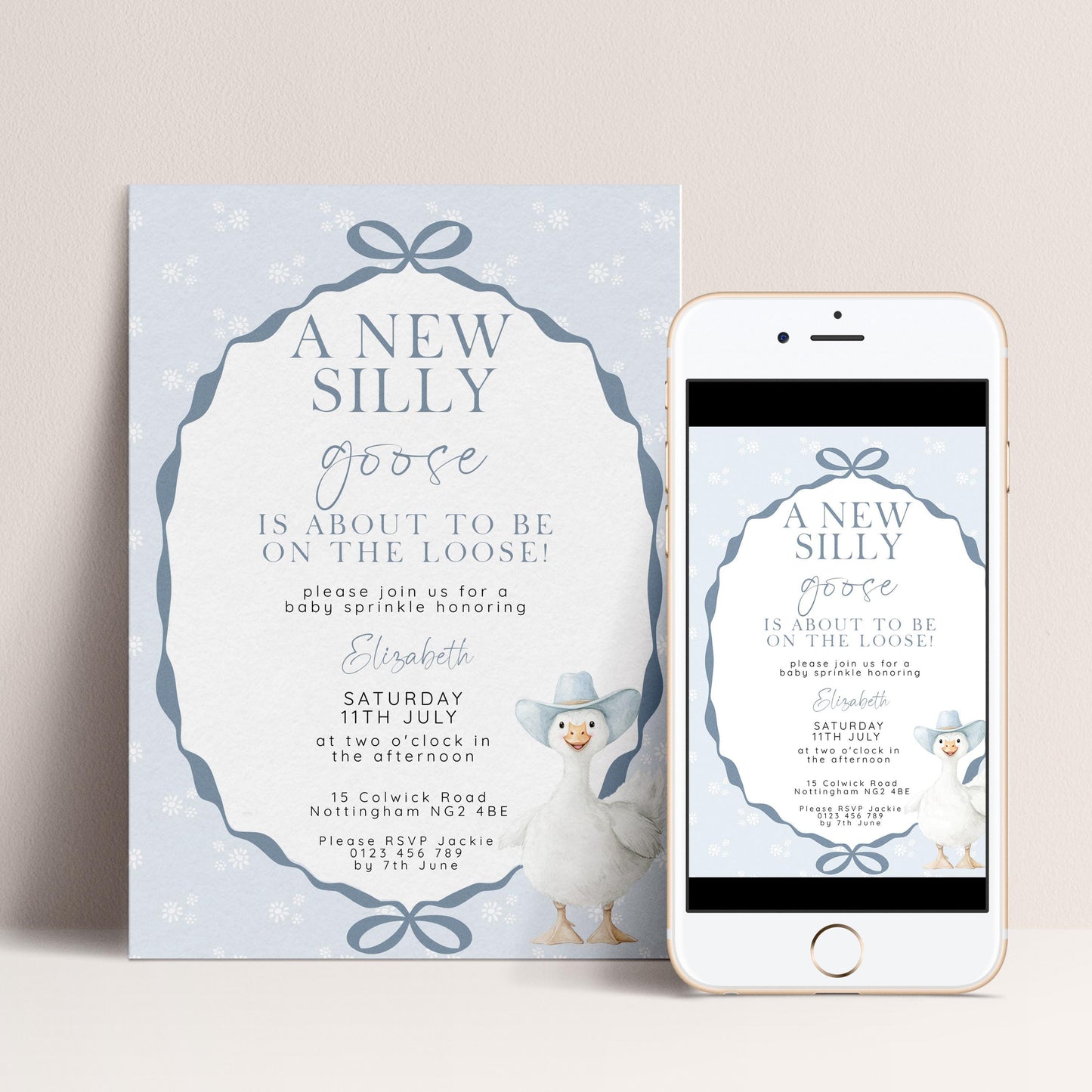 Silly Goose Baby Sprinkle Invitation Editable Template Blue for a Boy Baby Shower Corjl Download SG21