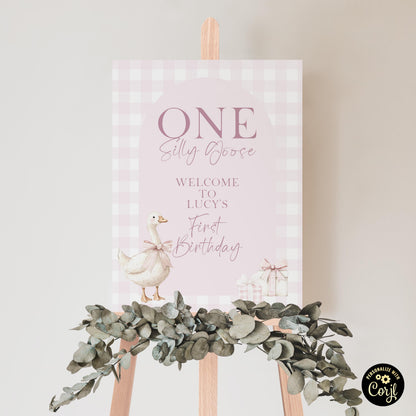 Silly Goose Birthday Welcome Sign Girl, Pink Gingham Editable Poster, 18x24 24x35 Sizes Included, 1st Birthday Corjl Template SG21